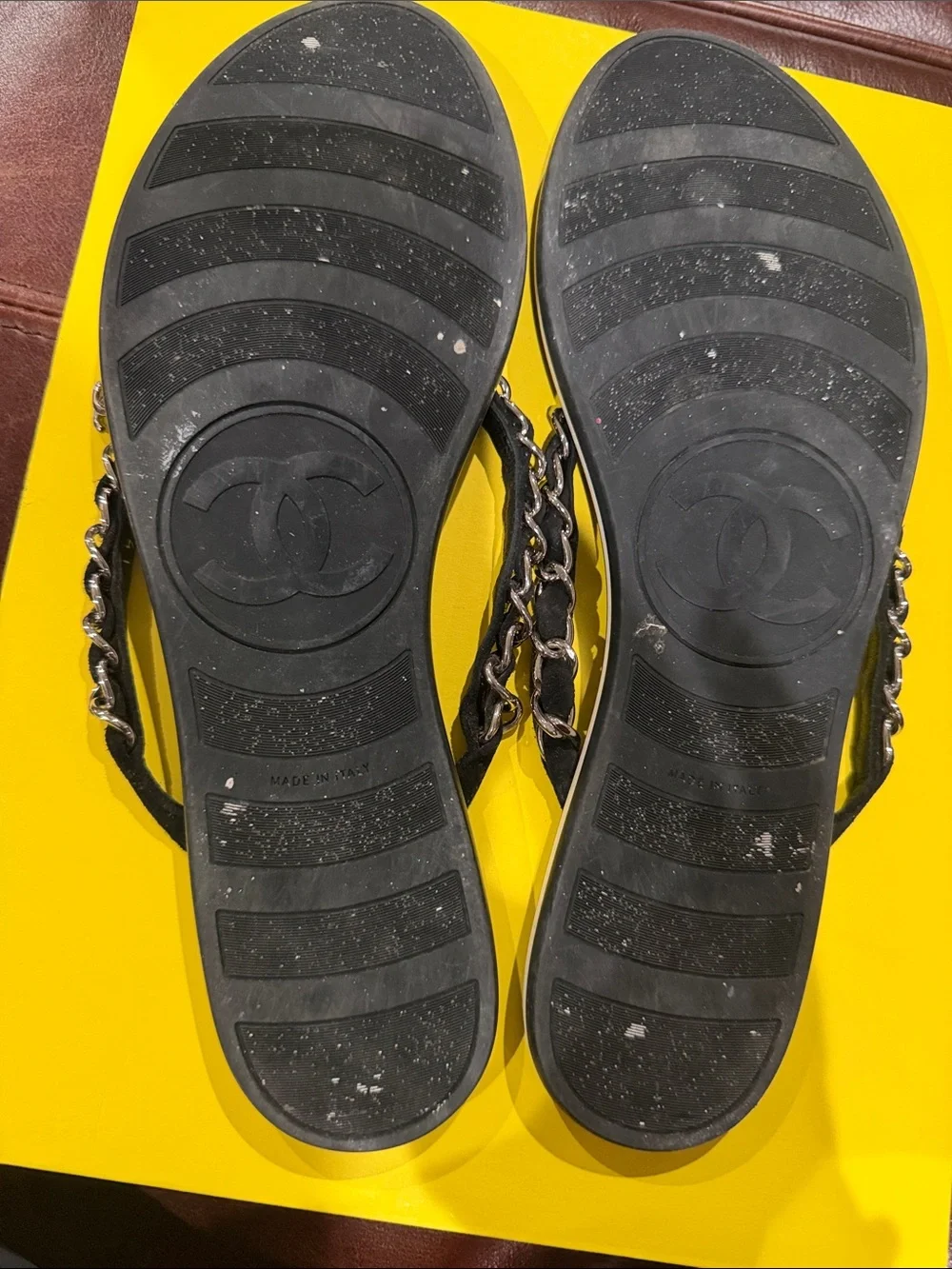 CHANEL Black Quilted Chain-Trim Thong Sandals